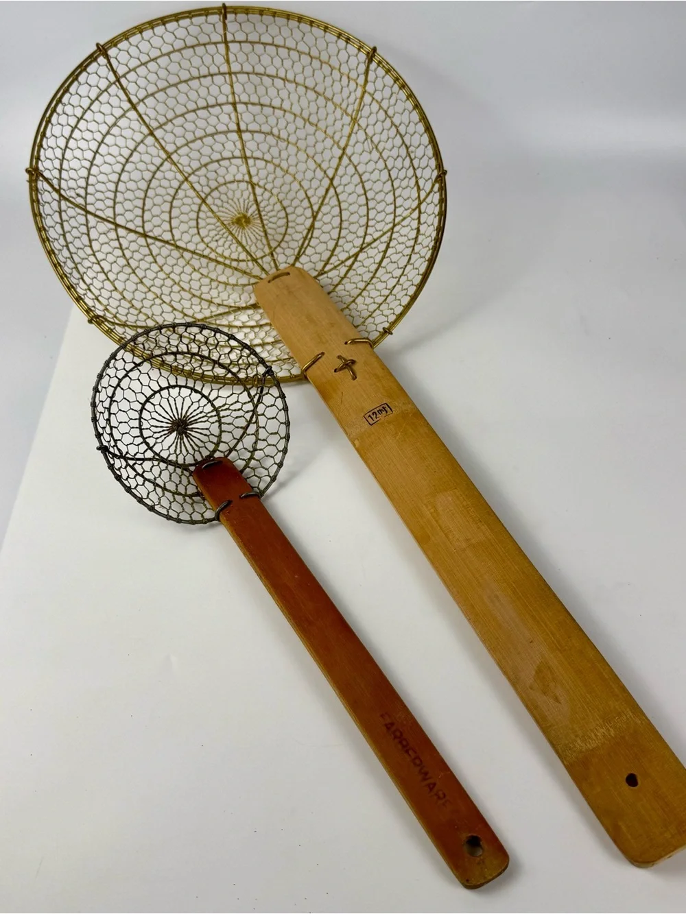 Large 12 Inch Handmade BRASS Mesh Strainer/Spider Skimmer 19” Bamboo Handle